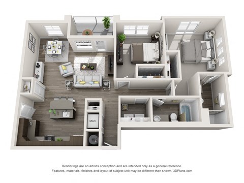 Floor plan for 2 beds, 2 baths, 1042 sqft